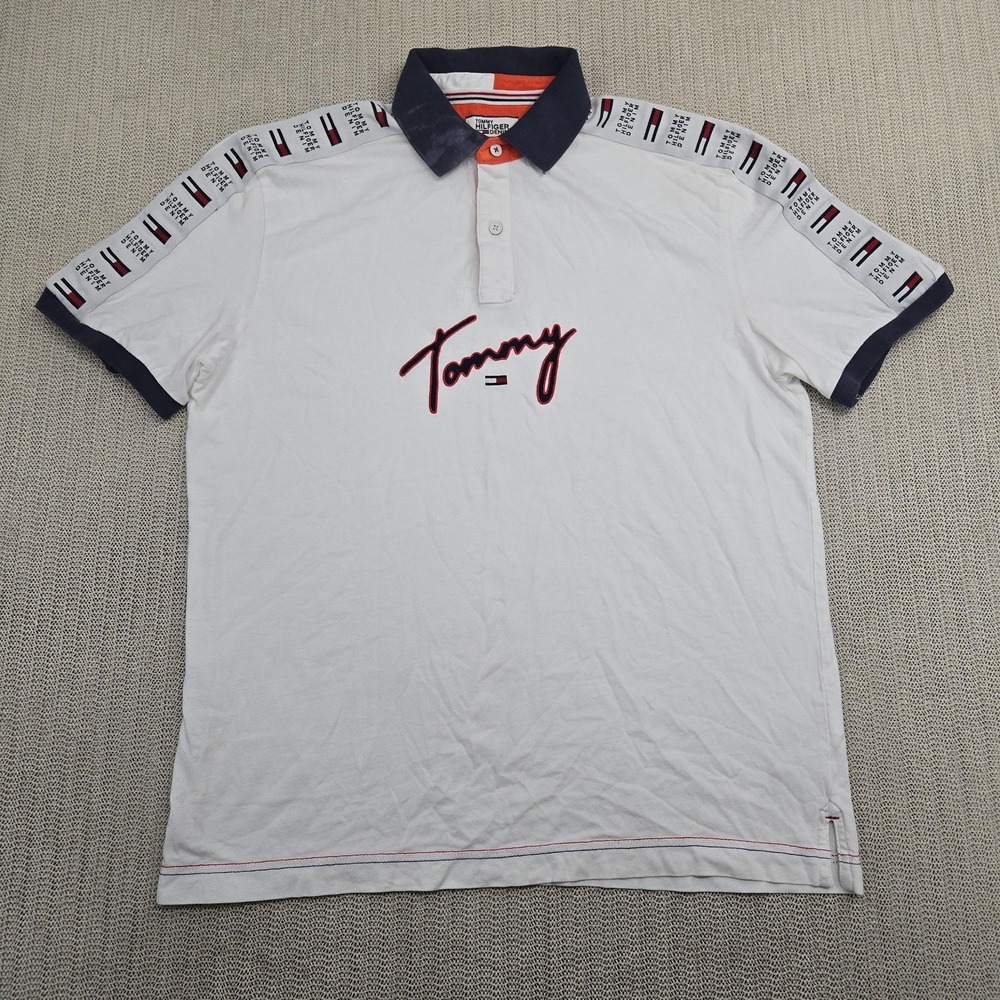 Vintage Tommy Hilfiger Denim Polo Shirt Mens Small White Embroidered Script Flag